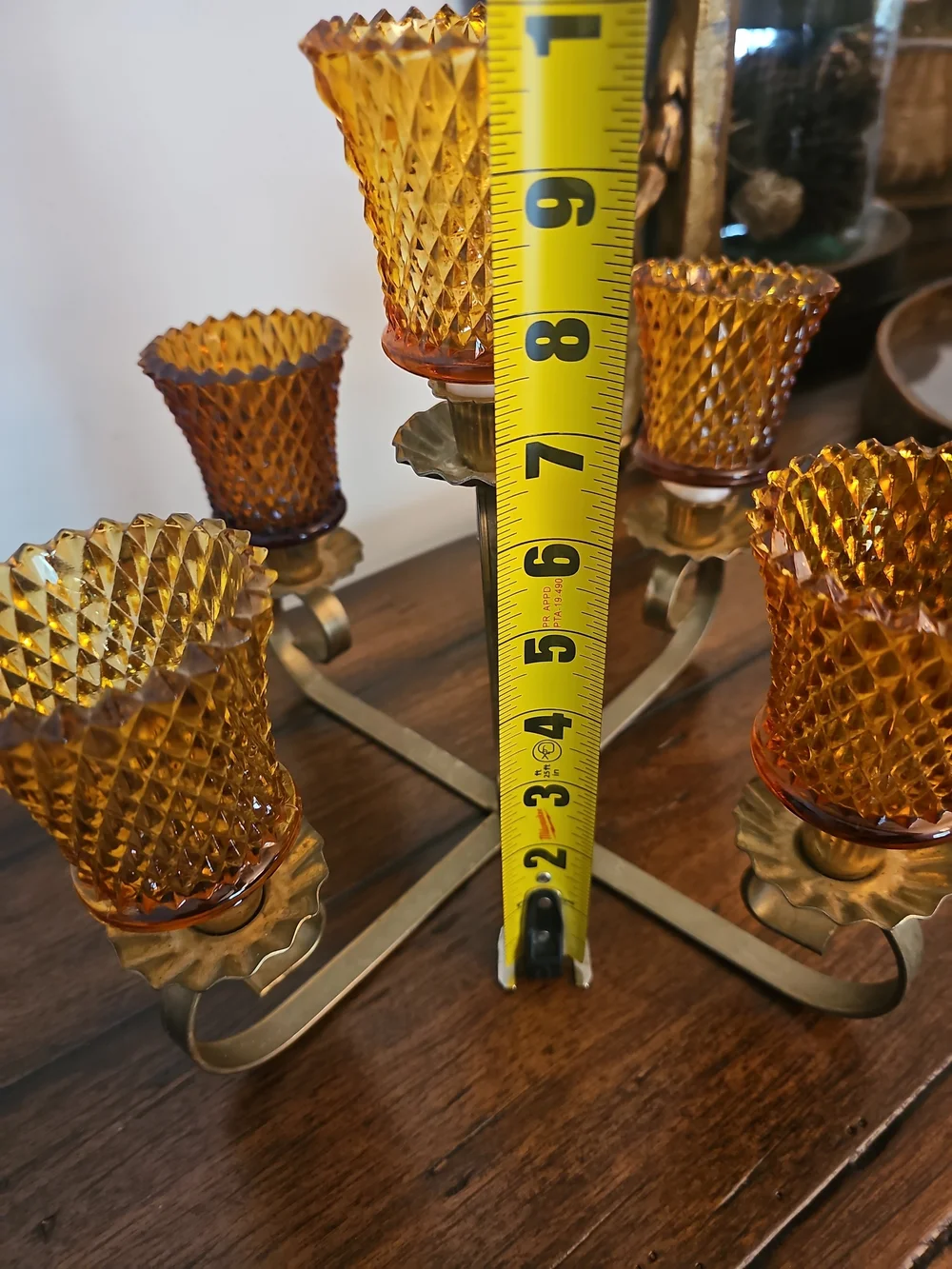 Vtge Amber Glass and Brass 5-Arm Candleholder Centerpiece  Unique With Votives.